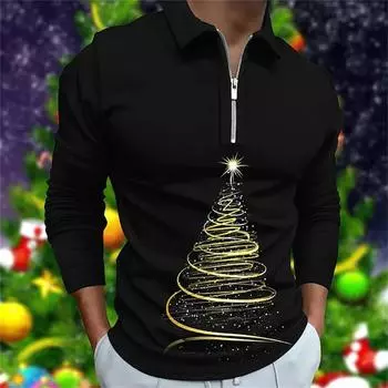 Весна Осень Мужская Одежда Длинный Рукав Модная Молния Поло Рубашка Мужская Повседневная Топы Футболка Рождественская 3D Цифровая Печать Поло Рубашка S
