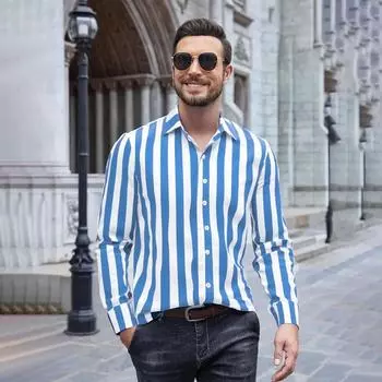 Весна Осень Мужская Одежда Длинный Рукав Повседневная Рубашка Strpe 100% Полиэстер S синий