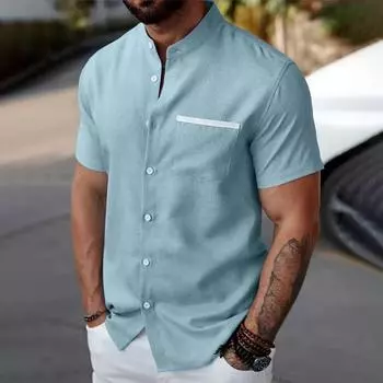 Весна Осень Мужская Одежда Весна Лето Мода Однотонная Рубашка Воротник-стойка Большие Карманы Сшивание Повседневная Рубашка Топы S синий