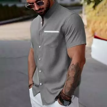 Весна Осень Мужская Одежда Весна Лето Мода Однотонная Рубашка Воротник-стойка Большие Карманы Сшивание Повседневная Рубашка Топы S синий
