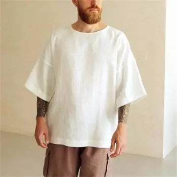 Весна-Осень Мужская однотонная простая рубашка с круглым вырезом и рукавами средней длины Футболка с рукавами пять четвертей Мужская базовая рубашка S белый