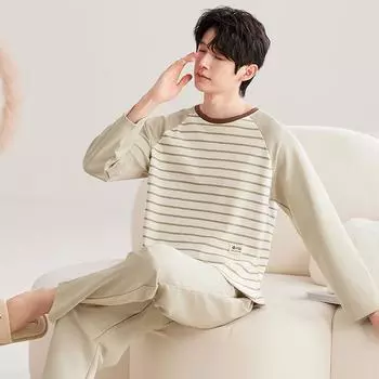 Весна Осень Мужская Пижама Комплект Полосатый Досуг Эластичный Пояс Мальчики Пижамы Длинный Рукав Ночная Рубашка Мягкая Пижама Домашняя Одежда Одежда L