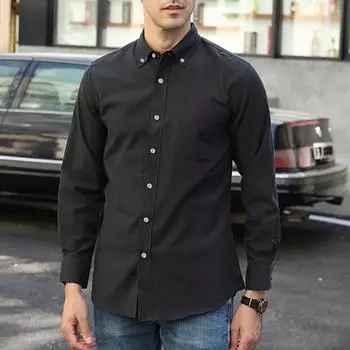 Весна Осень Мужская повседневная деловая рубашка из ткани Оксфорд, однотонные рубашки, однобортные, простой стиль, модные, на пуговицах M чёрный