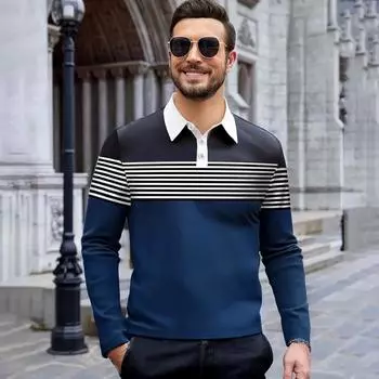 Весна Осень Мужская Повседневная Рубашка Поло С Длинным Рукавом В Полоску Мужская Модная Рубашка Поло С Отворотом Для Гольфа Топы S синий