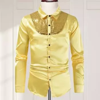 Весна Осень Мужская Рубашка Блестящая Гладкая Поверхность Однобортный Лоскутный Кардиган Отложной Воротник M жёлтый