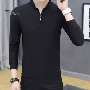 Весна Осень Мужская Рубашка Длинные Рукава Половина Молнии Slim Fit Стоячий Воротник Однотонный Пуловер Средней Длины Повседневная Одежда Деловой Офис Топ L чёрный