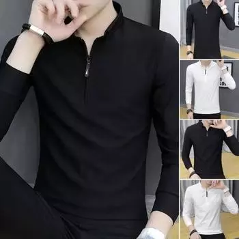 Весна Осень Мужская Рубашка Длинные Рукава Половина Молнии Slim Fit Воротник-стойка Pure M чёрный