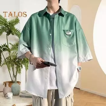 Весна Осень Мужская Рубашка Отложной Воротник Градиент Цвета Цветные Блоки Короткие Рукава Застежка На Пуговицах Кардиган Свободный Уличный Стиль Молодежная Рубашка Пальто L чёрный