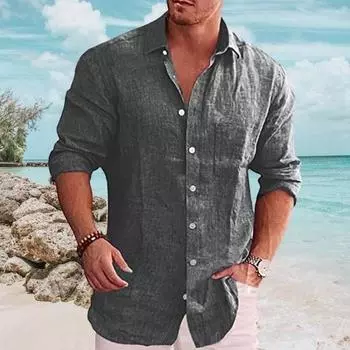 Весна Осень Мужская Рубашка Отложной Воротник Нагрудный Карман Однобортный Свободный Длинный Рукав Пуговица Кардиган Средней Длины L армия зеленый