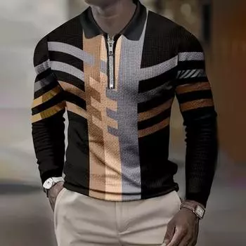 Весна Осень Мужская рубашка поло с длинным рукавом и отложным воротником с 3D-цифровым принтом Мужская спортивная повседневная спортивная рубашка поло на молнии S серый