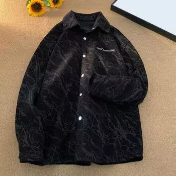 Весна Осень Мужская Рубашка Ретро Американский Стиль Вельвет Вышивка Японский Стиль Свободный M чёрный