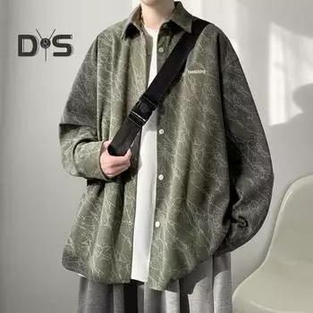 Весна Осень Мужская Рубашка Ретро Американский Стиль Вельвет Вышивка Японский Стиль Свободный Однобортный Топ Длинные Рукава Средней Длины С Отворотом M зелёный