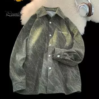 Весна Осень Мужская Рубашка Ретро Американский Стиль Вельвет Вышивка Японский Стиль Свободный Однобортный Топ Длинные Рукава Средней Длины С Отворотом M чёрный