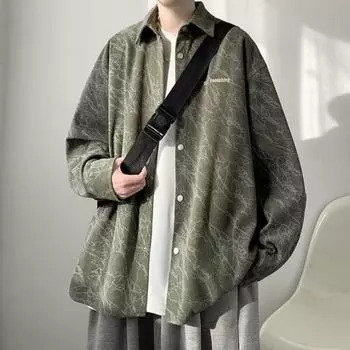 Весна Осень Мужская Рубашка Ретро Американский Стиль Вельвет Вышивка Японский Стиль Свободный Однобортный Топ Длинные Рукава Средней Длины С Отворотом M чёрный