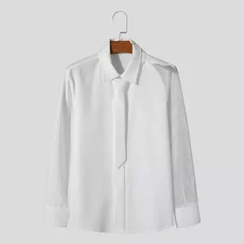 Весна Осень Мужская Рубашка С Галстуком Отложной Воротник Полые Сетчатые Рукава Твердый S чёрный