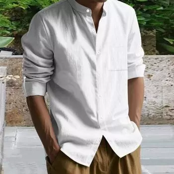Весна Осень Мужская Рубашка С Нагрудным Карманом Воротник Стойка Застежка На Пуговицах Длинный Топ M хаки