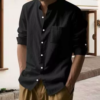 Весна-осень Мужская рубашка с нагрудным карманом, воротником-стойкой, застегивающимся на пуговицы топом, длинным рукавом, однотонный свободный кардиган, повседневная рубашка M белый