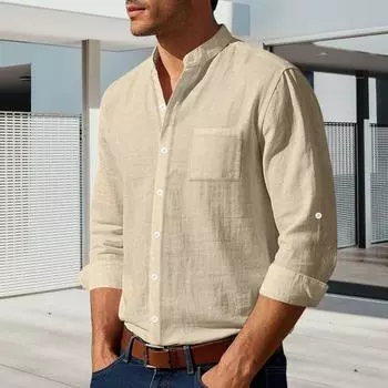 Весна-осень Мужская рубашка с нагрудным карманом, воротником-стойкой, застегивающимся на пуговицы топом, длинным рукавом, однотонный свободный кардиган, повседневная рубашка M чёрный