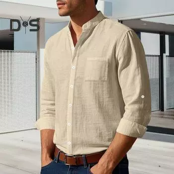 Весна-осень Мужская рубашка с нагрудным карманом, воротником-стойкой, застегивающимся на пуговицы топом, длинным рукавом, однотонный свободный кардиган, повседневная рубашка M белый