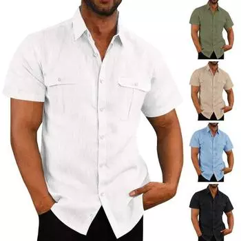 Весна-осень Мужская рубашка с нагрудными карманами Отложной воротник Застежка на пуговицы Короткий рукав Однотонный свободный кардиган Повседневная рубашка M чёрный