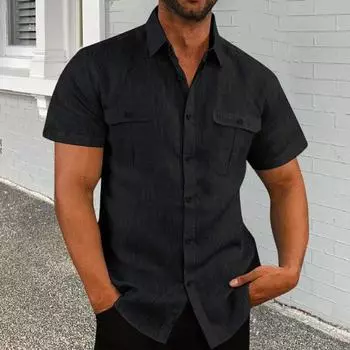 Весна-осень Мужская рубашка с нагрудными карманами Отложной воротник Застежка на пуговицы Топ с коротким рукавом M светло-синий