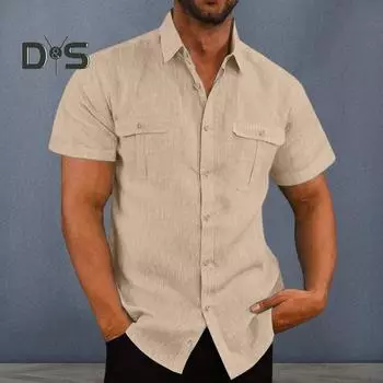 Весна-осень Мужская рубашка с нагрудными карманами Отложной воротник Застежка на пуговицы Короткий рукав Однотонный свободный кардиган Повседневная рубашка M светло-синий