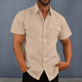 Весна-осень Мужская рубашка с нагрудными карманами Отложной воротник Застежка на пуговицы Короткий рукав Однотонный свободный кардиган Повседневная рубашка M армия зеленый