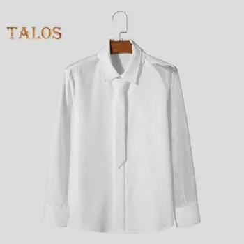 Весна-осень Мужская рубашка с отложным воротником и сетчатыми рукавами, однотонная однобортная рубашка для официального делового стиля, для клубных вечеринок S белый