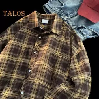 Весна-осень Мужская рубашка с отложным воротником в клетку с принтом Свободная рубашка на пуговицах в стиле ретро-американской моды с длинным рукавом Уличная одежда для путешествий Повседневная одежда L кофейный