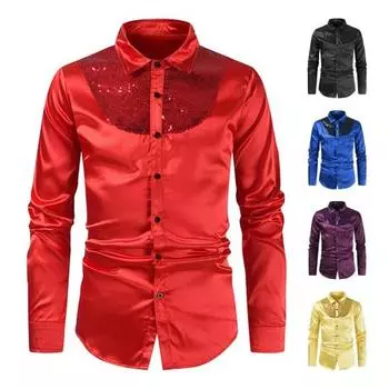 Весна-осень Мужская рубашка с пайетками, гладкая поверхность, однобортный кардиган с отложным воротником в стиле пэчворк, длинные рукава, для косплея, клуба, танцевальной вечеринки M жёлтый