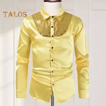 Весна-осень Мужская рубашка с пайетками, гладкая поверхность, однобортный кардиган с отложным воротником в стиле пэчворк, длинные рукава, для косплея, клуба, танцевальной вечеринки M жёлтый