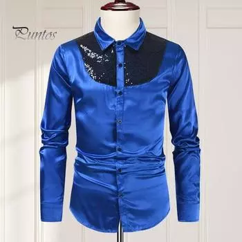 Весна-осень Мужская рубашка с пайетками, гладкая поверхность, однобортный кардиган с отложным воротником в стиле пэчворк, длинные рукава, для косплея, клуба, танцевальной вечеринки M жёлтый