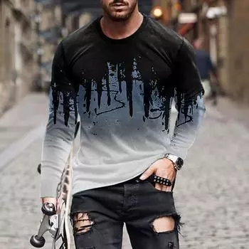 Весна Осень Мужская серия тушью Живопись 3D Цифровой Печатный Топ Длинный Рукав Повседневная Круглая Горловина Футболка S