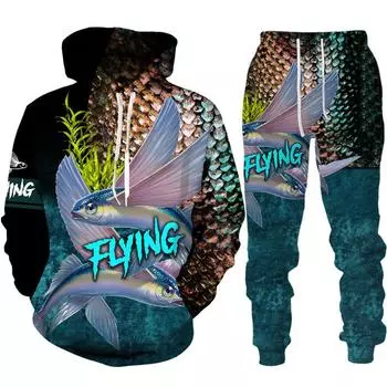 Весна Осень Мужская серия Viking Fishing 3D Printed Hoodie Модная повседневная уличная одежда Толстовки Спортивные штаны Комплект из 2 предметов 5XL