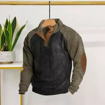 Весна Осень Мужская Толстовка Цветные Блоки Пэчворк Ретро Стиль Полуоткрытый Воротник-стойка Топ S темно-синий