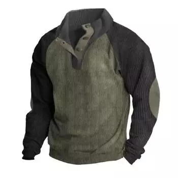 Весна Осень Мужская Толстовка Цветные Блоки Пэчворк Ретро Стиль Полуоткрытый Воротник-стойка Топ Плюс Размер Свободный Длинный Рукав Топ Повседневная Офисная Одежда S армия зеленый