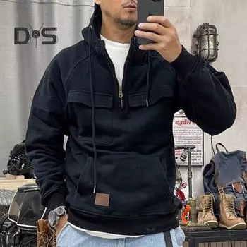 Весна Осень Мужская толстовка с капюшоном Большой накладной карман Затягивающийся шнурок Капюшон Нагрудные карманы Половина молнии Длинные рукава Однотонный спортивный топ XL розовый