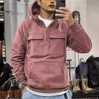 Весна Осень Мужская толстовка с капюшоном Большой накладной карман Затягивающийся шнурок Капюшон Нагрудные карманы Половина молнии Длинные рукава Однотонный спортивный топ M синий
