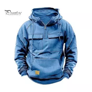 Весна Осень Мужская толстовка с капюшоном Большой накладной карман Затягивающийся шнурок Капюшон Нагрудные карманы Половина молнии Длинные рукава Однотонный спортивный топ L чёрный