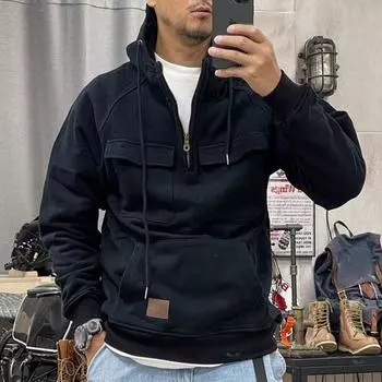 Весна Осень Мужская толстовка с капюшоном Большой накладной карман Затягивающийся шнурок Капюшон Нагрудные карманы Половина молнии Длинные рукава Однотонный спортивный топ XXL синий