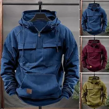 Весна Осень Мужская толстовка с капюшоном Карго Стиль завязка на шнурок Большой накладной карман Половина молнии Длинные рукава Однотонный Повседневная одежда Спортивный топ L темно-синий