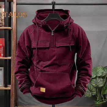 Весна Осень Мужская толстовка с капюшоном Карго Стиль завязка на шнурок Большой накладной карман Половина молнии Длинные рукава Однотонный Повседневная одежда Спортивный топ L вино красного