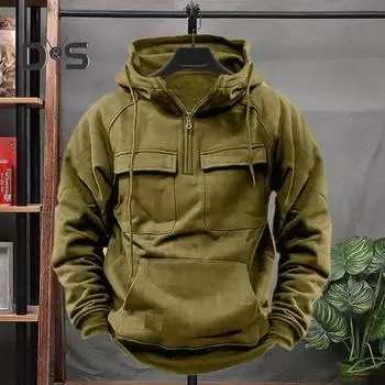 Весна Осень Мужская толстовка с капюшоном Карго Стиль завязка на шнурок Большой накладной карман Половина молнии Длинные рукава Однотонный Повседневная одежда Спортивный топ L армия зеленый