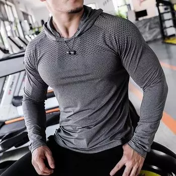 Весна Осень Мужская тренировочная одежда Легкая атлетика Бег Спортивные футболки Быстросохнущая одежда Фитнес-одежда Длинные рукава с капюшоном Футболки Мужские M синий