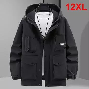 Весна Осень Мужская Водонепроницаемая Ветрозащитная Куртка Карго Мужская Пальто С Капюшоном Плюс Размер Повседневные Однотонные Куртки Пальто Мужские 12XL чёрный