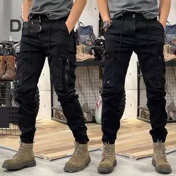 Весна Осень Мужские брюки-карго с завязками на талии, множеством карманов, однотонные спортивные брюки с резинкой на щиколотке, повседневная одежда для тренировок на открытом воздухе XL хаки