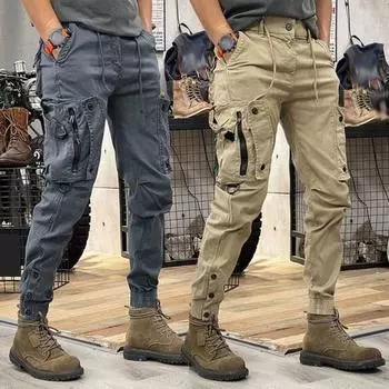 Весна Осень Мужские брюки-карго с завязками на талии, множеством карманов, однотонные спортивные брюки с резинкой на щиколотке, повседневная одежда для тренировок на открытом воздухе L серый
