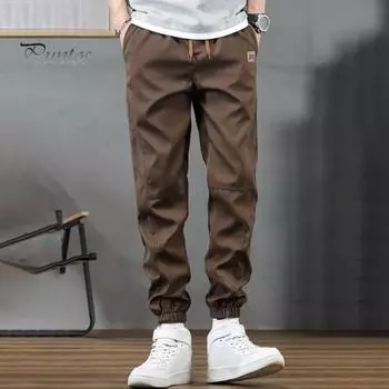 Весна Осень Мужские брюки-карго Свободные эластичные брюки на завязках на талии Множество карманов Однотонные спортивные брюки больших размеров с резинкой на щиколотке Повседневные брюки Ninth M темно-серого