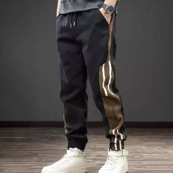 Весна Осень Мужские брюки-карго Свободные эластичные на талии с завязками Карманы Контрастные цветные пэчворк Спортивные брюки Повседневная одежда Шаровары M серый