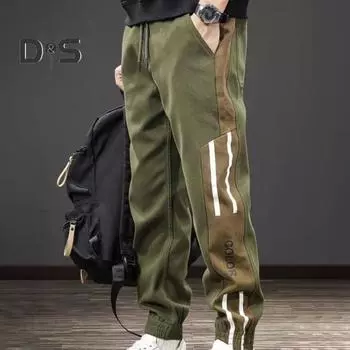 Весна Осень Мужские брюки-карго Свободные эластичные на талии с завязками Карманы Контрастные цветные пэчворк Спортивные брюки Повседневная одежда Шаровары M зелёный